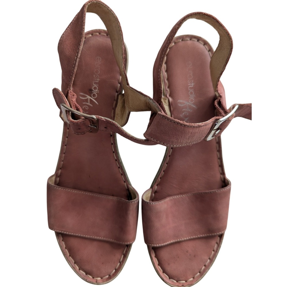 Eurostudio Heeled Wedge Sandals Pink Leather Ankle Strap Shoes‎
